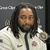 Donovan Jackson in Ohio State uniform during the CFP national championship celebration