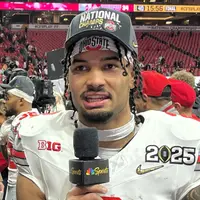 Emeka Egbuka in Ohio State uniform during the CFP national championship celebration