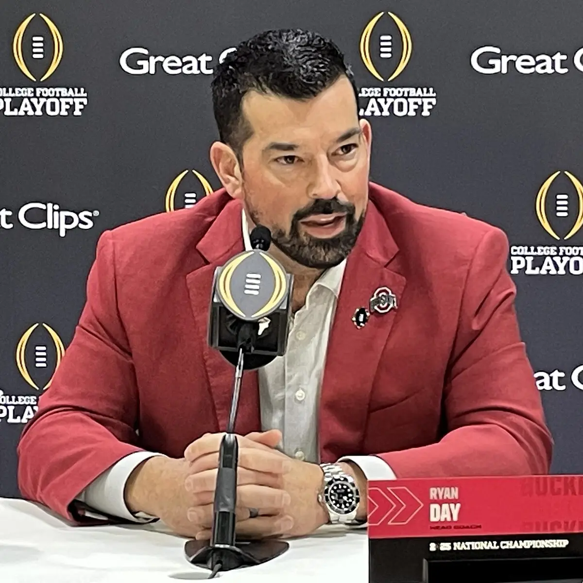 Ohio State head coach Ryan Day at the CFP national championship celebration