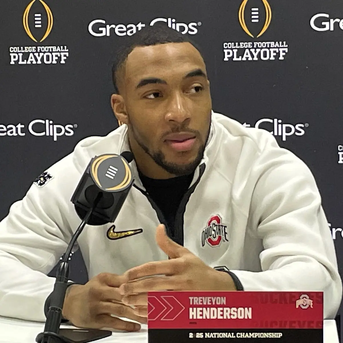 TreVeyon Henderson in Ohio State uniform during the CFP national championship celebration